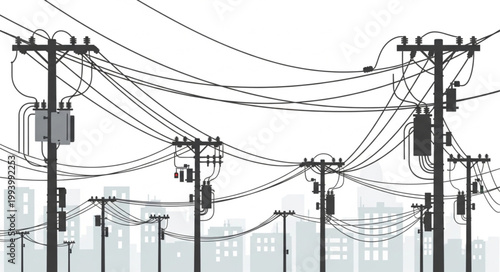 Complex network of power lines and utility poles against a city skyline.