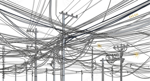 Complex network of overhead power lines and utility poles creating a tangled web.