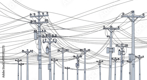Complex network of power lines and utility poles against a white background.