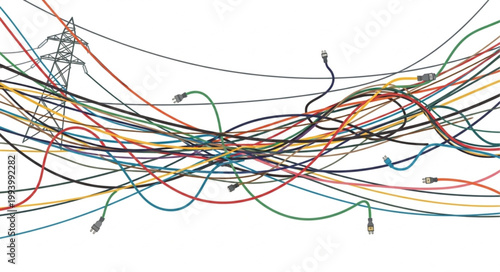 Complex network of tangled electrical wires and cables.