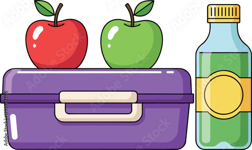 Lunchbox with apples and juice bottle isolated on white background healthy meal