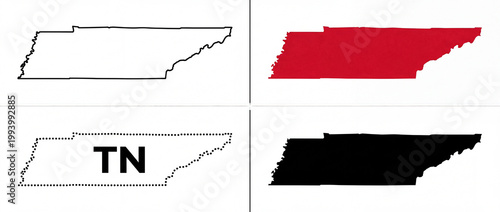 Four stylized vector graphics depicting the state of Tennessee's outline. Variations include line art, solid red, solid black, and the 'TN' abbreviation, suitable for regional maps