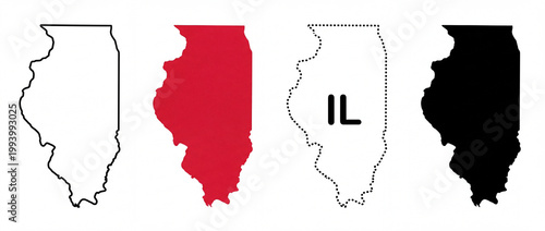 Illinois State Map Outline and Abbreviation IL, Four Stylized Silhouettes of the State of Illinois