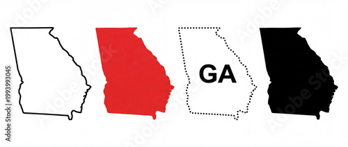 Collection of four distinct graphic representations illustrating the state of Georgia's geographic outline and abbreviation in diverse vector styles