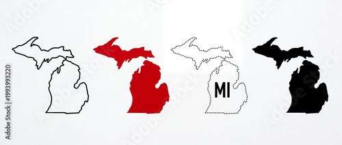 Diverse graphic representations illustrating the distinct geographic silhouette of a prominent Great Lakes state, presented in an adaptable collection for various design and educational purposes