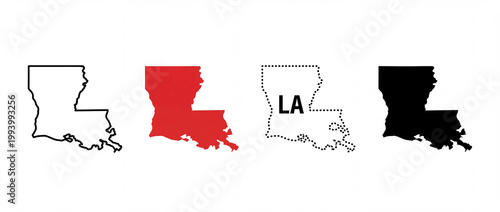 Four stylized outlines of Louisiana state, including a red, black, and text-based map of the state