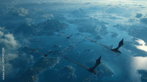 Soaring Through Azure Skies: A squadron of majestic creatures takes flight against a backdrop of sweeping landscapes, with clouds drifting by. The scene is imbued with a sense of freedom and wonder.
