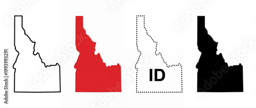 Outline of Idaho State Map in Four Distinct Styles Black and White, Red, Textual, and Solid Black