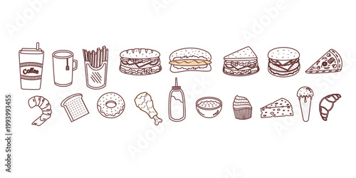 Fast foods doodle set on white background. Fast food icons set collection. Set of fast foods sign collection. Vector illustration.	