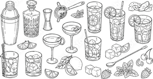 Comprehensive collection of hand drawn barware icons and tropical cocktail drink elements for professional mixology menu design or restaurant beverage vector illustration