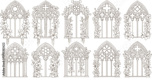Set of ornate gothic cathedral window frames decorated with elegant lily flowers and botanical floral elements for vintage decorative design vector illustration