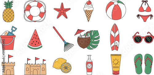 Set of summer beach icons featuring pineapple lifebuoy starfish ice cream ball bikini sandcastle surfboard and sunglasses vector illustration