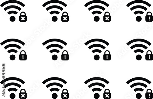 WiFi problem icon set, disconnect wireless network symbol collection, no WiFi and internet signal, lost internet connection sign vector illustration for network error, offline status and connectivity 