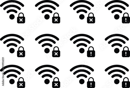 WiFi problem icon set, disconnect wireless network symbol collection, no WiFi and internet signal, lost internet connection sign vector illustration for network error, offline status and connectivity 