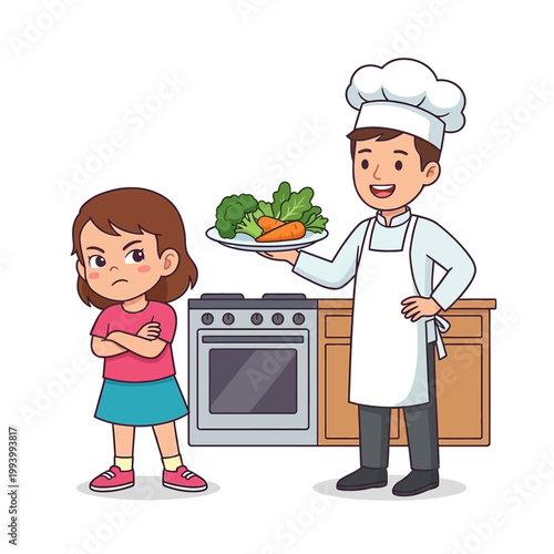 Cartoon girl refusing healthy vegetables from chef