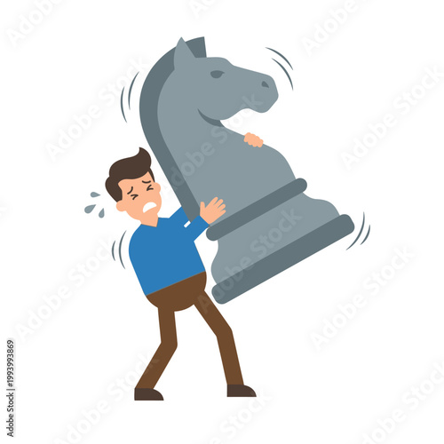 Man struggling to lift oversized chess knight piece