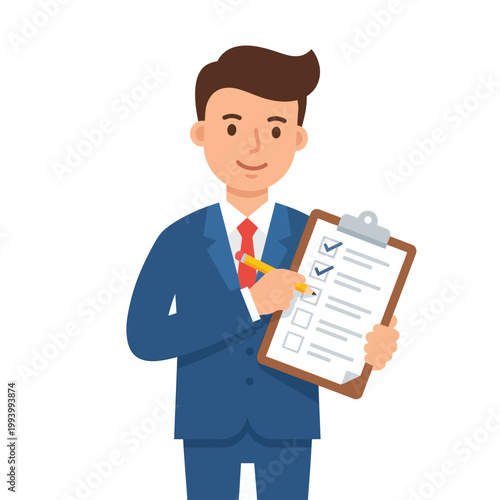 Businessman holding clipboard and pencil for a checklist survey