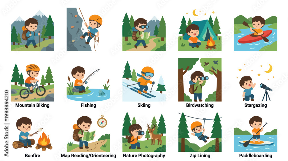 Fototapeta premium Children's Outdoor Activities Hobbies Flat Vector Icons