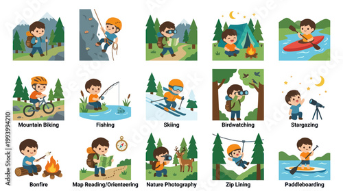 Children's Outdoor Activities  Hobbies Flat Vector Icons