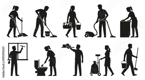 Black  White Cleaning Service Icons - People doing household chores vector