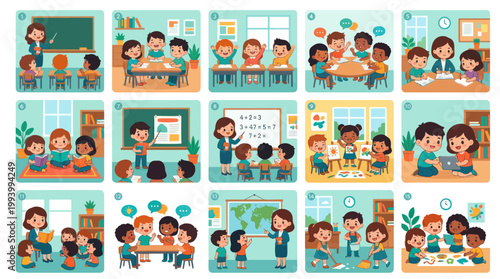 Diverse group of children learning in bright, modern classroom settings, flat illustration