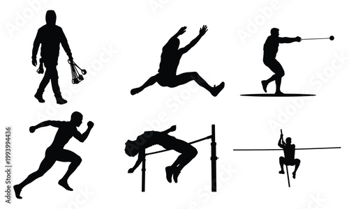 Collection of track and field silhouettes showing various athletic sports events and movements.
