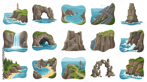 Nature Coastal Rock Formations, Sea Cliffs  Arches Cartoon Vector Illustration Set