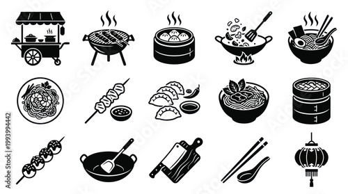 Asian Food Icons: Street Food, Noodles, Dumplings, Grilling, Wok, Utensils - Black and White Glyph