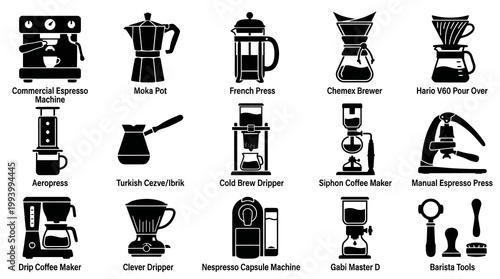 Coffee Makers Icons: Espresso, Moka, French Press, Drip, Siphon, Aeropress