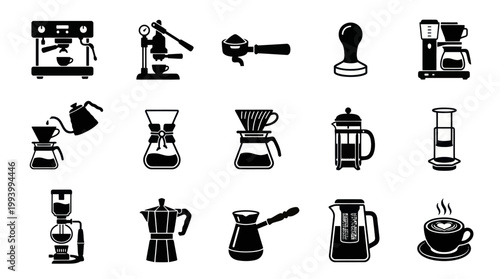 Coffee Making Equipment Icons - Espresso, Drip, French Press, Moka Pot
