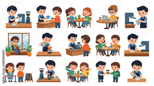 Cute Cartoon Kids Enjoying Coffee at Cafe, Flat Illustration