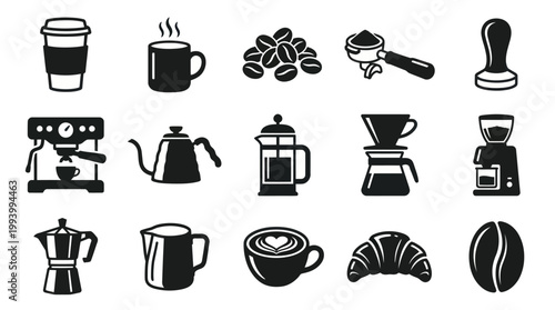 Black and White Coffee Icons and Symbols - Flat Style