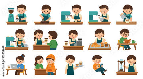 Cute Barista Kids Making Coffee and Pastries, Flat Vector Illustration