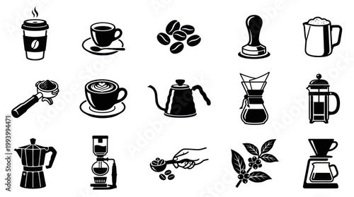 Coffee Icons Set - Black and White Line Art Collection for Cafe and Barista