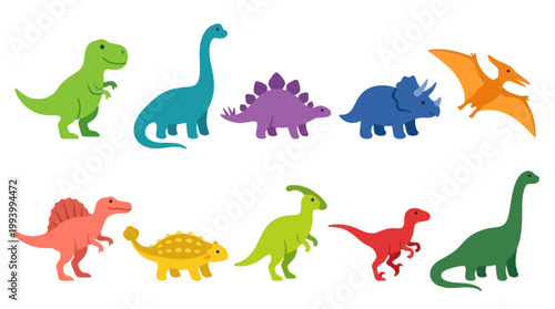 Colorful Flat Design Dinosaurs Vector Collection for Children's Education