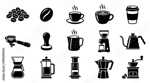 Coffee Icons Set Black  White Line Art Symbols