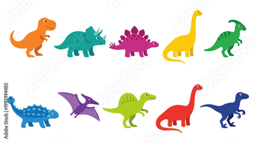 Cute Cartoon Dinosaurs Collection, Flat Design Vector Illustration