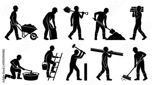 Construction worker silhouettes, various tasks, black and white