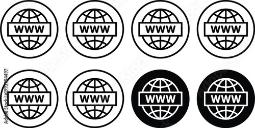 Worldwide icon with WWW text, world wide web symbol, globe icons with WWW sign collection, vector illustration for internet, global connectivity, networking and digital communication design elements.
