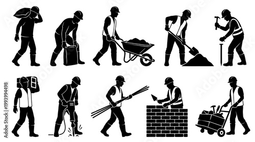 Construction workers silhouettes performing various tasks, Black  White Glyph icons