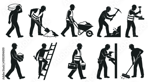 Construction worker icons, silhouettes of builders with tools and equipment
