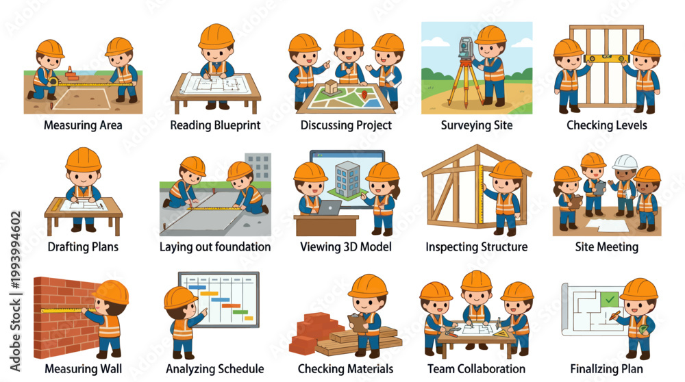 Fototapeta premium Construction Engineer Team Flat Cartoon Chibi Tasks Vector Illustration Set