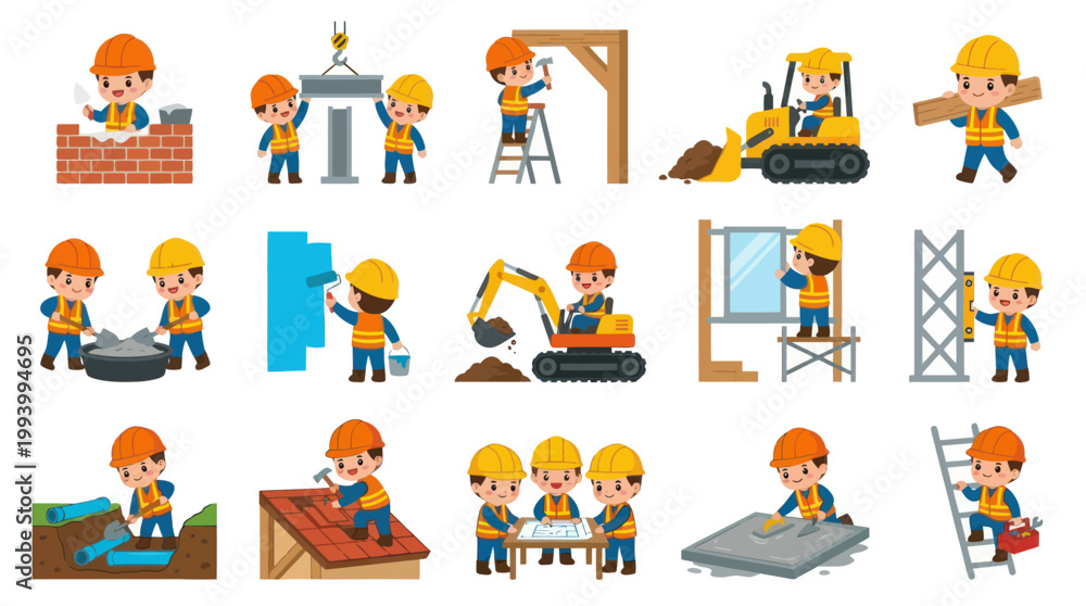 Fototapeta premium Cute Cartoon Construction Workers Building and Operating Machinery - Flat Vector Illustration Set