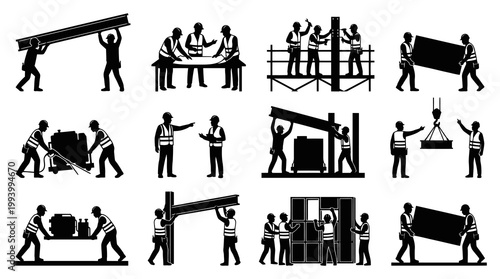 Construction workers building, engineering, heavy lifting, teamwork, industry glyphs