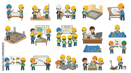 Flat Cartoon Construction Engineers and Workers Vector Illustration Set