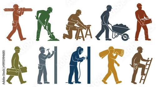 Construction Workers Glyph Set: Builders, Tradesmen, and Laborers Silhouettes