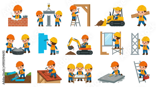 Cute Cartoon Construction Workers Building and Operating Machinery - Flat Vector Illustration Set