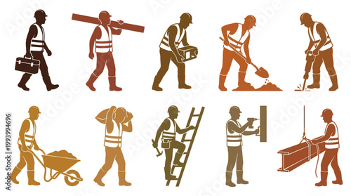 Construction Workers Glyph Icons Set - Builders, Laborers, and Engineers Silhouette Collection