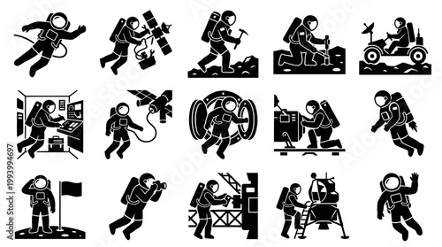 Astronaut Space Exploration Glyph Icons. Research, Mission, Discovery Activities Set.