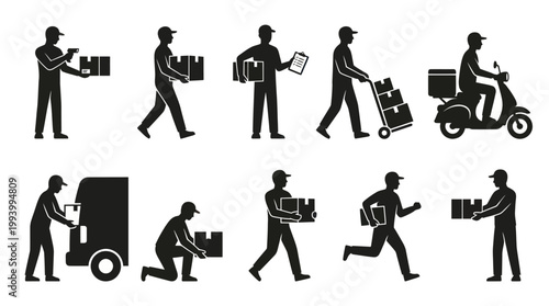 Delivery Logistics Service Silhouette Vector Icons. Couriers with Packages, Truck, Scooter.